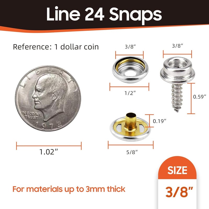 HAPDEN 120 Pcs Snap Buttons,Snap Fasteners Kit 15mm Stainless Steel Snaps Marine Grade Boat Canvas Snaps,3/8" Socket Metal Snaps for Clothing Leather Boat Cover Fabric - Image 3